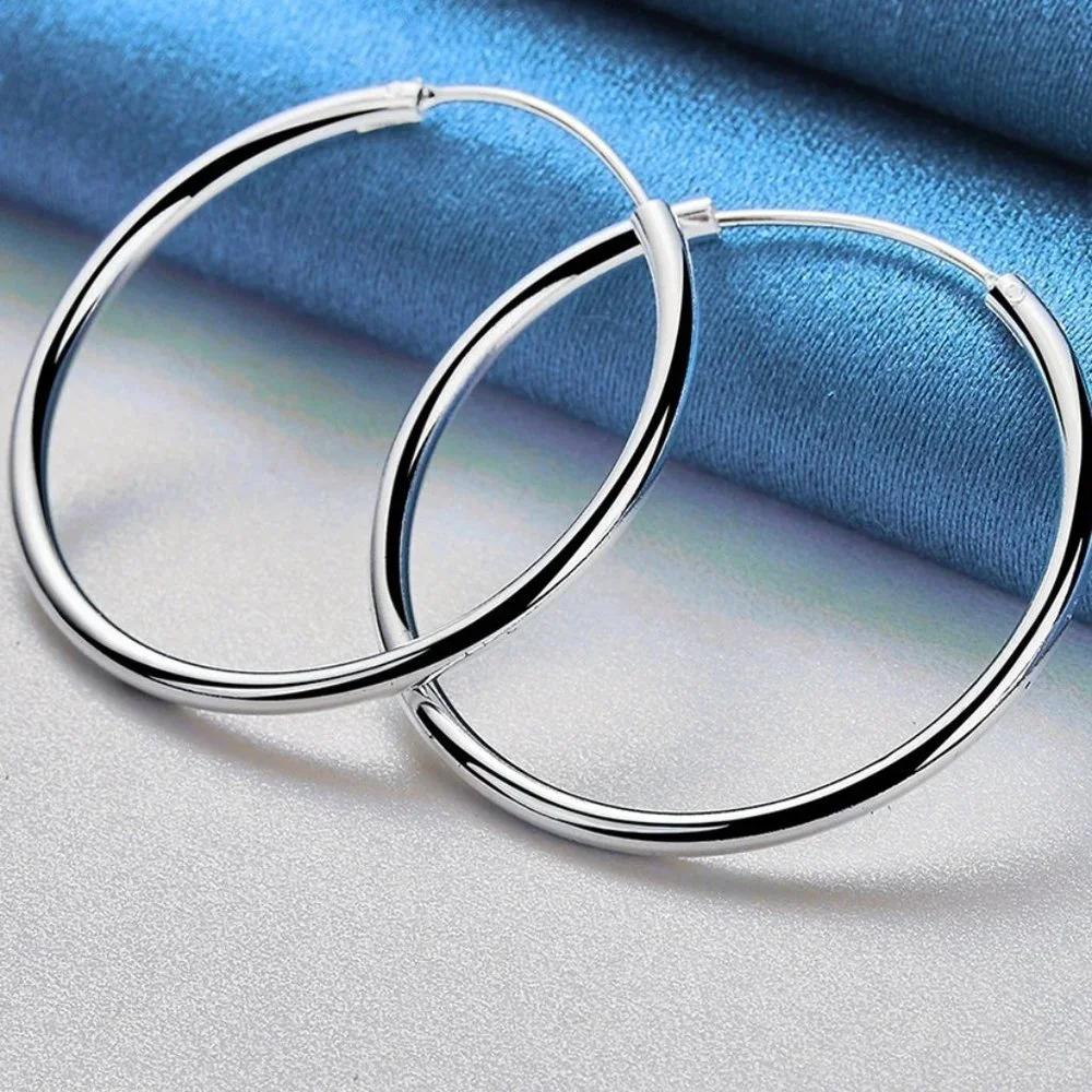 Stunning .925 Sterling Silver 35mm Round Hoop Earrings
